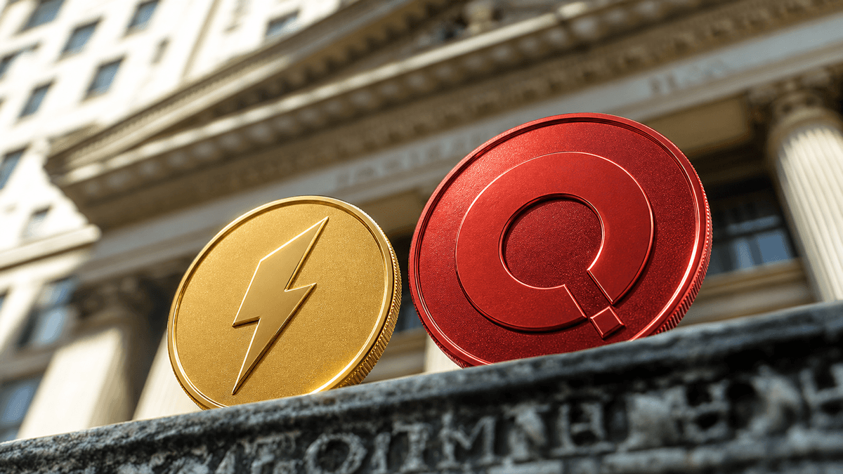 QUAI and QI coins outside a financial institution