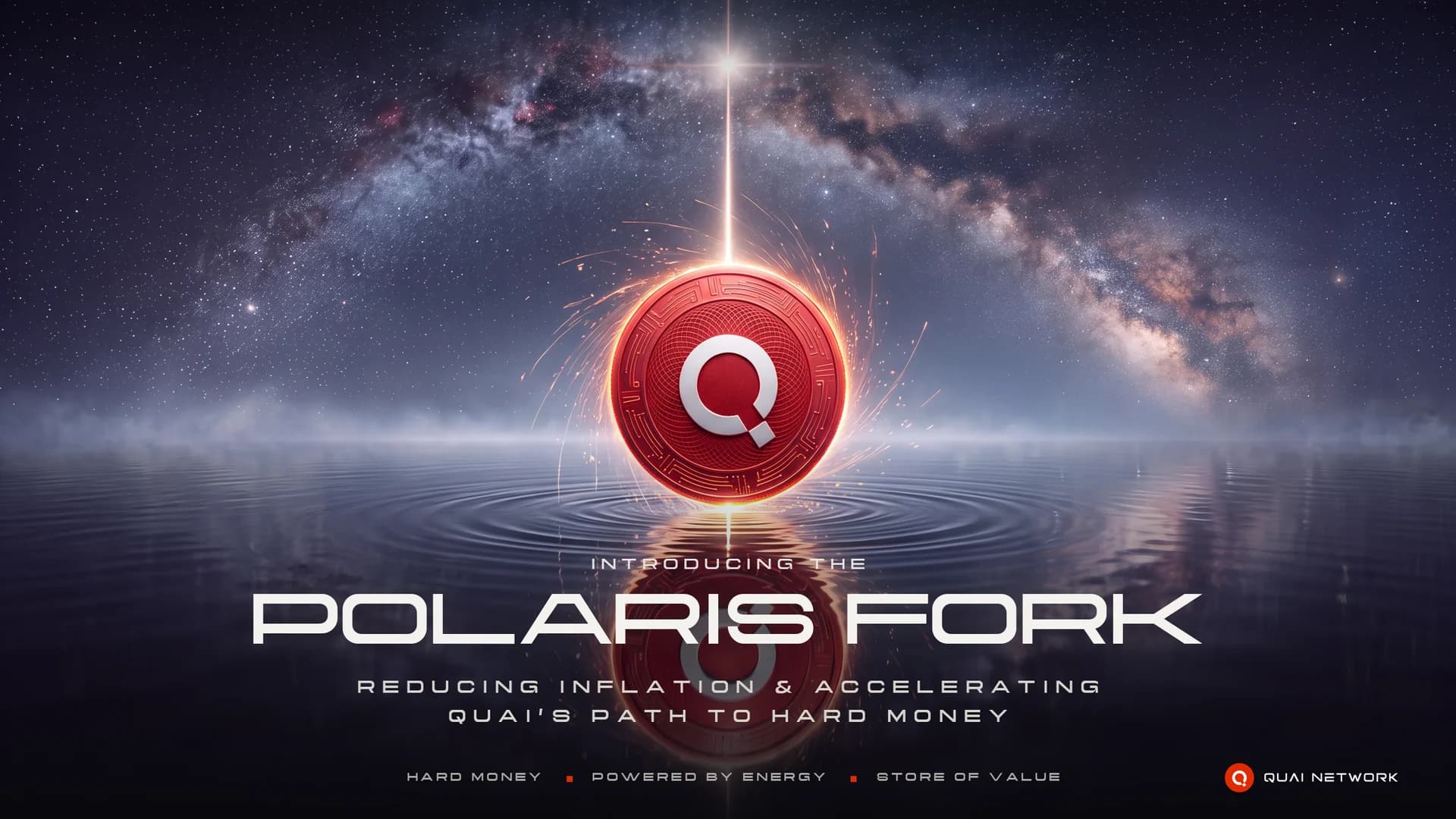 A detailed red Quai coin above still water under the Milky Way, lit by a beam from the North Star, with the words Introducing the Polaris Fork.