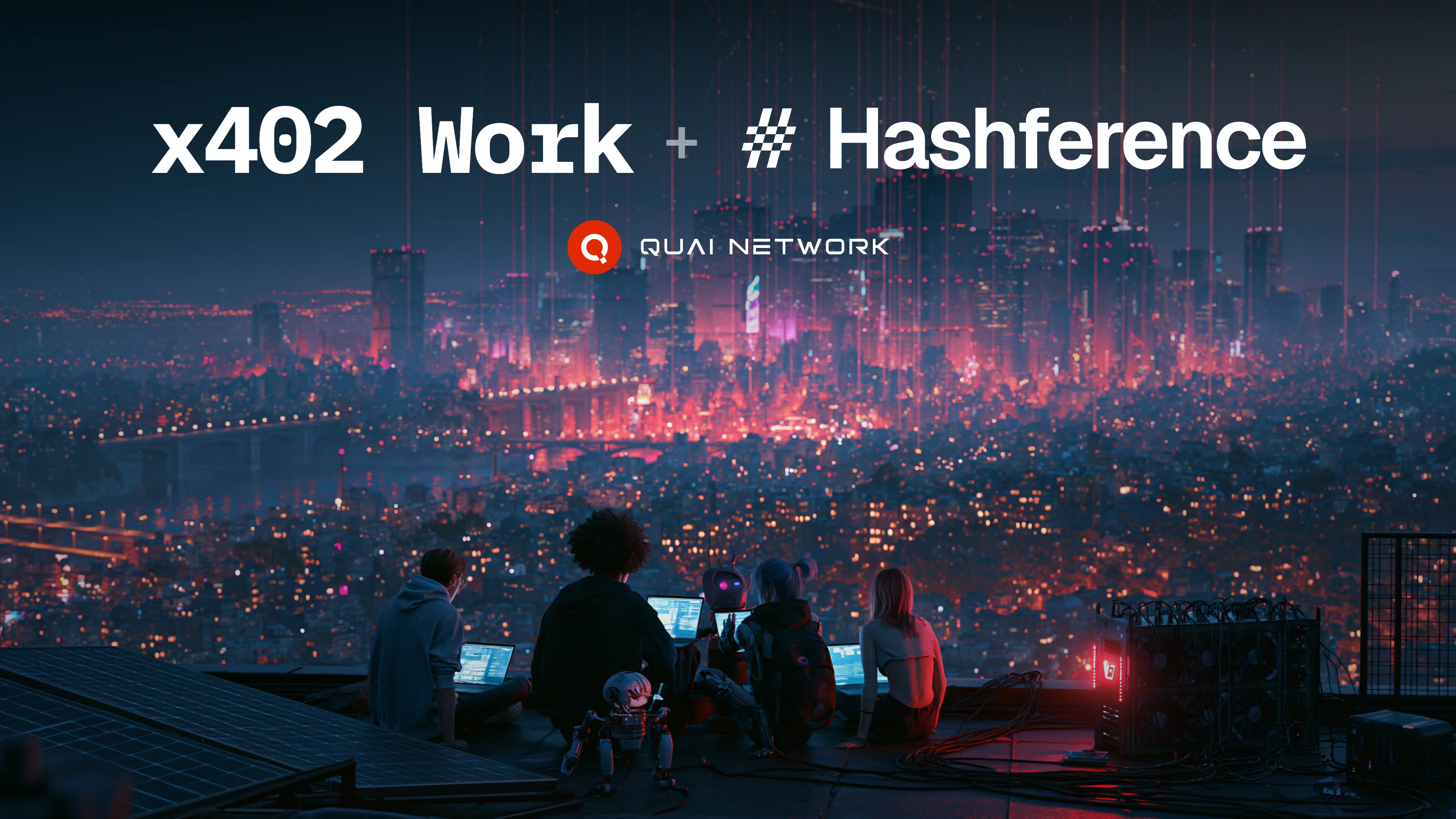 Friends with laptops and a small robot on a rooftop beside a glowing home mining rig, data beams rising from a neon city, with the words x402 Work plus Hashference and the Quai Network logo.