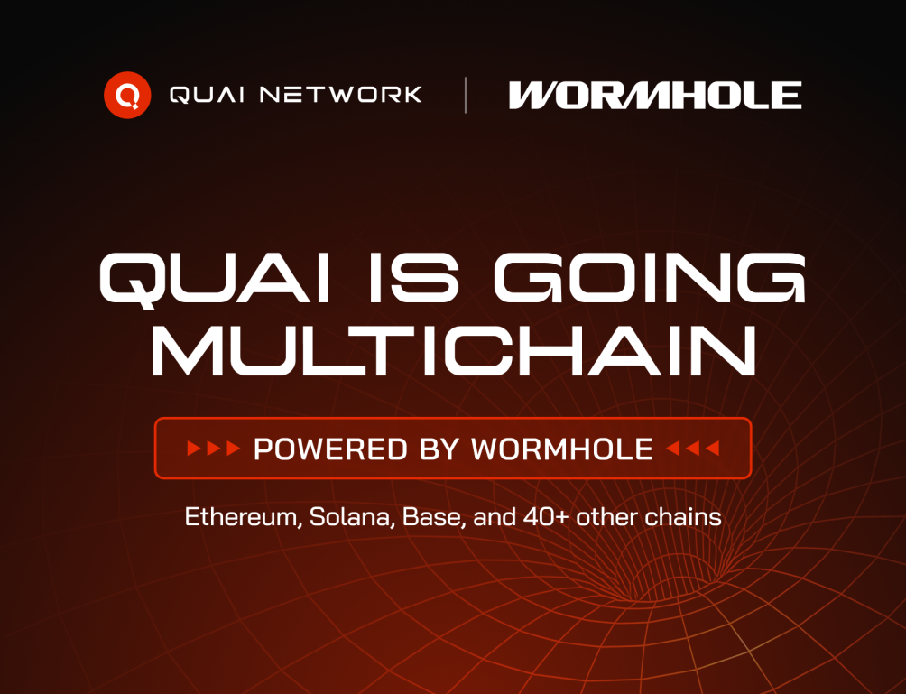 Graphic announcing partnership between Quai Network and Wormhole. The text reads: 'QUAI IS GOING MULTICHAIN. Powered by Wormhole. Ethereum, Solana, Base, and 40+ other chains.' The background features a dark gradient with a subtle circular grid pattern.